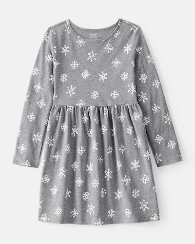 Girls Snowflake Print Cotton Long-Sleeve Dress - Grey