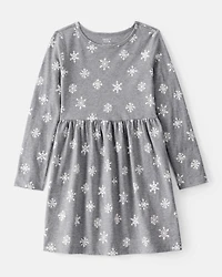 Girls Snowflake Print Cotton Long-Sleeve Dress - Grey
