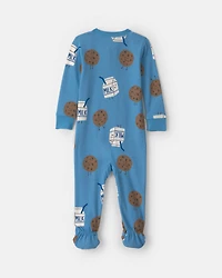 Baby Boy 1-Piece Milk & Cookies 2-Way Zip 100% Cotton Snug Fit Footed Pajama - Blue