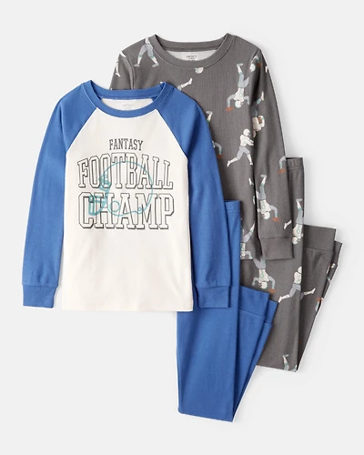 Boys Football Print 100% Cotton Long-Sleeve 4-Piece Pajamas - White/Blue
