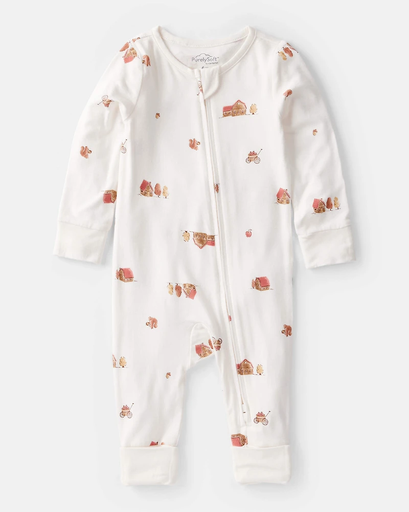 Baby Barn Print PurelySoft Long-Sleeve 2-Way Zip Sleep & Play Pajamas - White