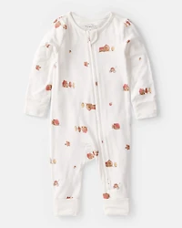 Baby Barn Print PurelySoft Long-Sleeve 2-Way Zip Sleep & Play Pajamas - White