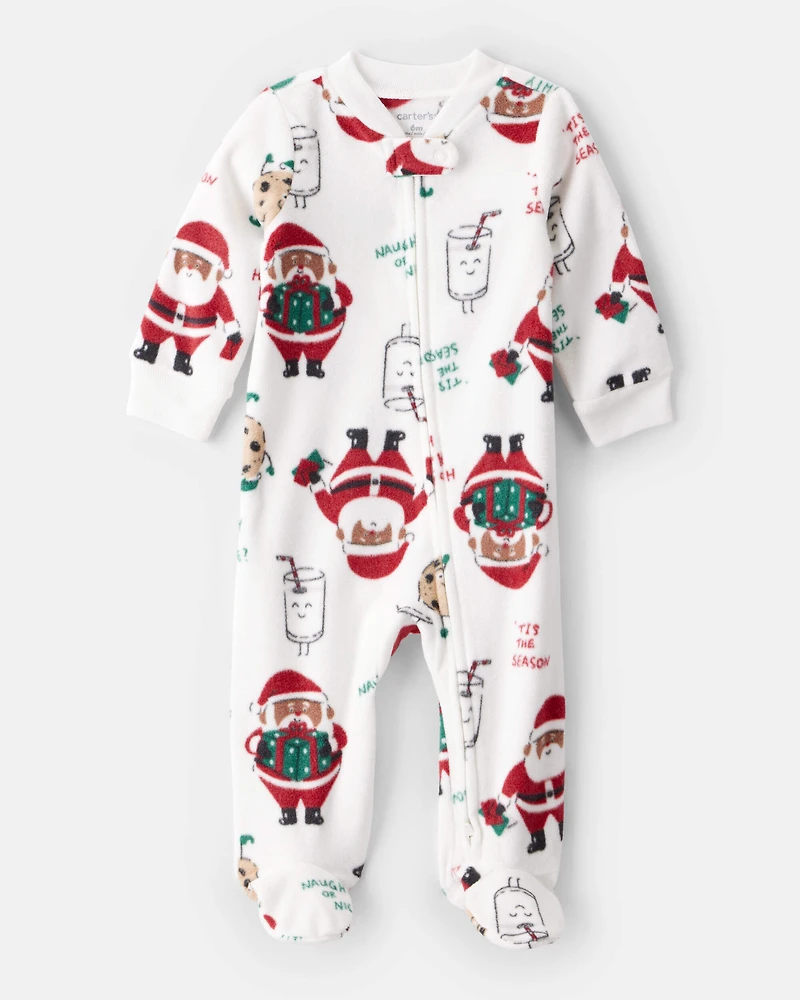 Baby Brown Santa Milk & Cookies Loose Fit Fleece Long-Sleeve Sleep & Play Pajamas - White