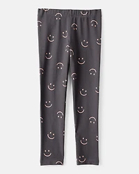 Girls Smiley Face Print Cotton Pull-On Stretch Leggings - Black