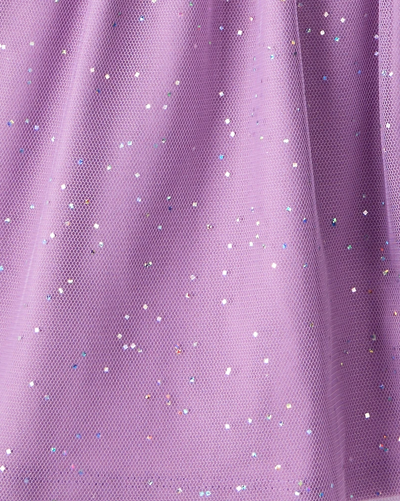 Kid 2-Piece Glitter Cat Tee & Tulle Tutu Skort Set - Black/Purple