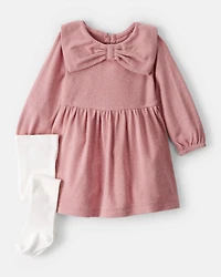 Baby Girl Bow Collor Long-Sleeve Dress Set - White/Pink