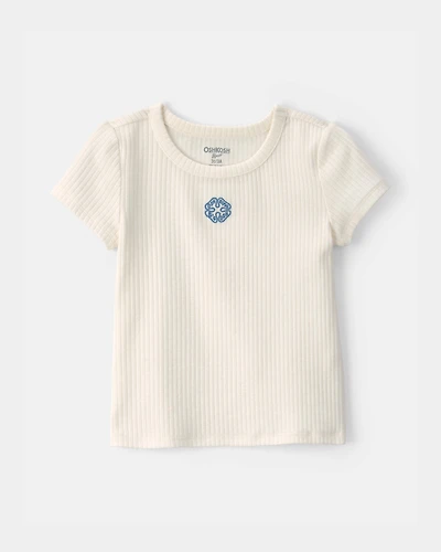 Toddler Girl 'OshKosh B'Gosh' Clover Embroidered Rib Top - Ivory