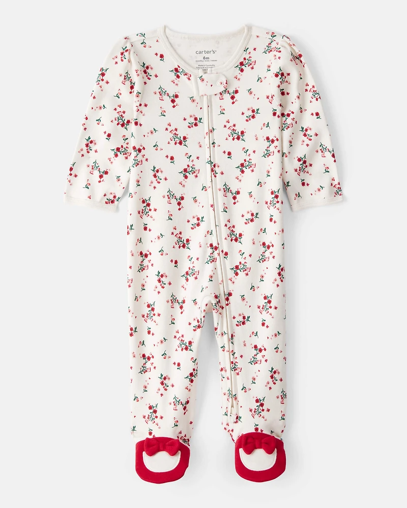 Baby Girl Bow Floral Print 100% Cotton Sleep & Play Pajamas - White/Red