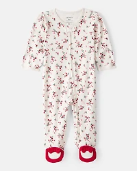 Baby Girl Bow Floral Print 100% Cotton Sleep & Play Pajamas - White/Red