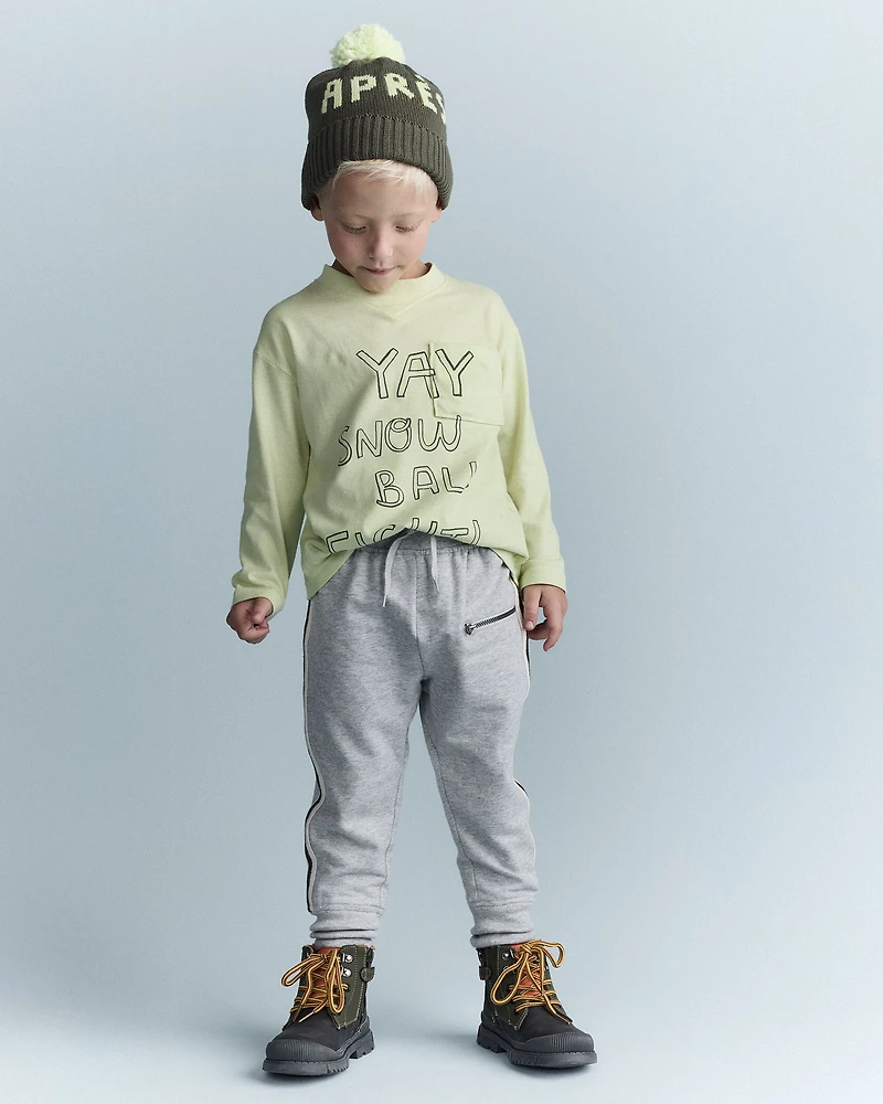 Toddler Snow Ball Fight!' Long-Sleeve Pocket Relaxed Graphic Tee - Lime
