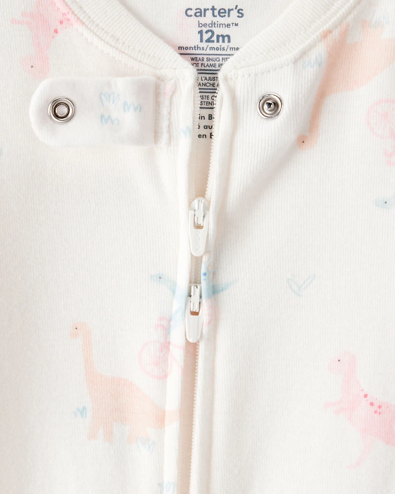 Baby Girl Dinosaur Print 100% Cotton Long-Sleeve 2-Way Zip 1-Piece Pajamas - White