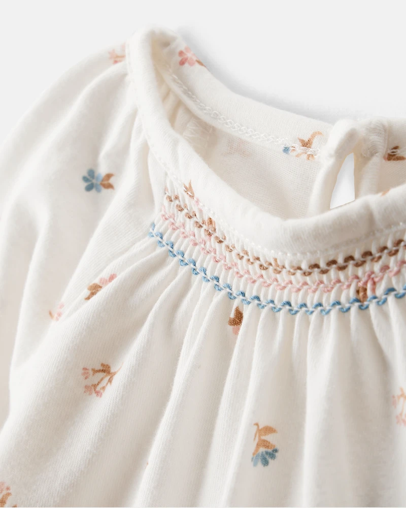 Baby Girl Floral Print Long-Sleeve Fashion Bodysuit - Ivory