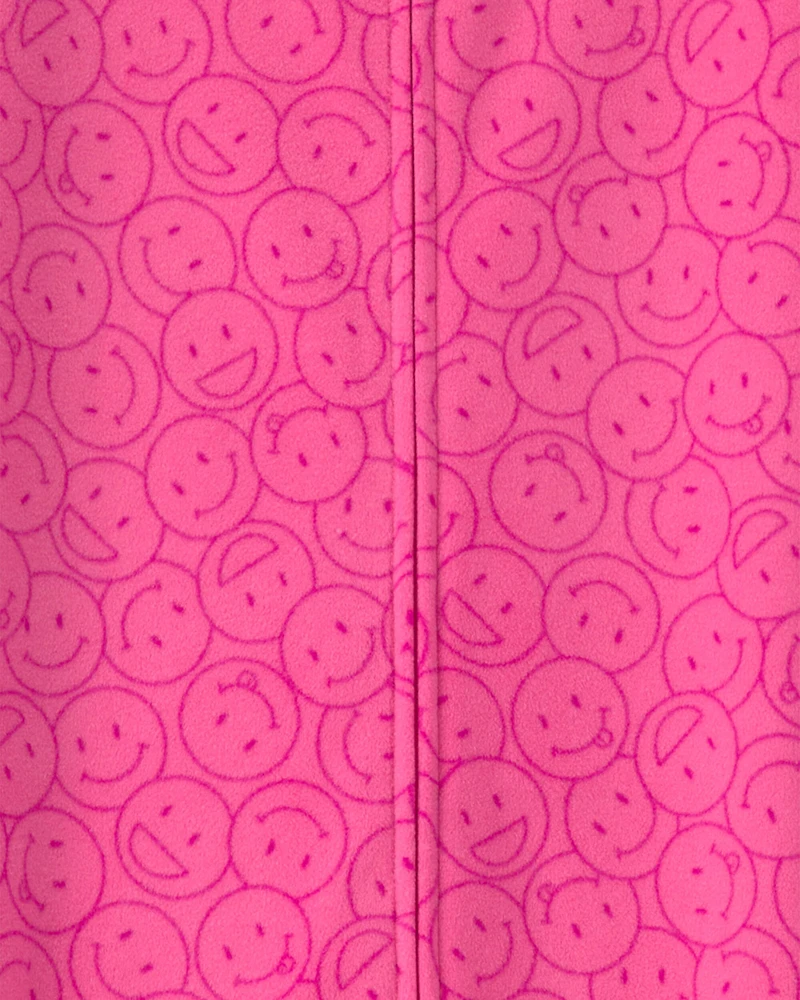 Girls 1-Piece Smiley Faces Fleece Loose Fit Footed Pajama - Pink