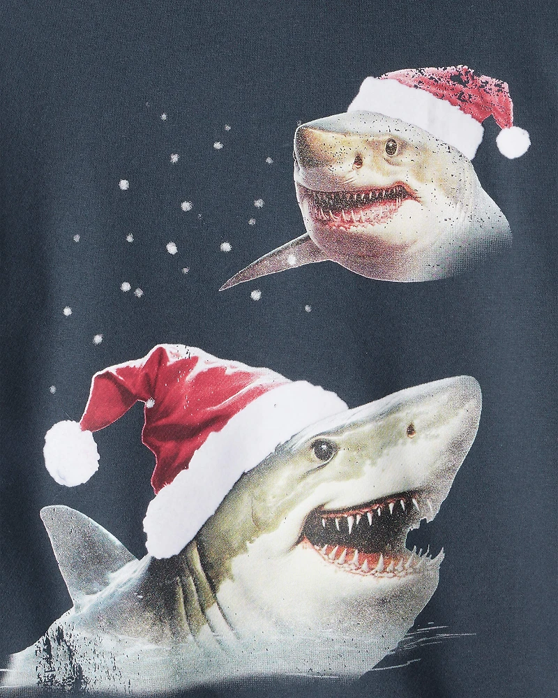 Boys Christmas Santa Shark Long-Sleeve Fleece Hoodie - Navy