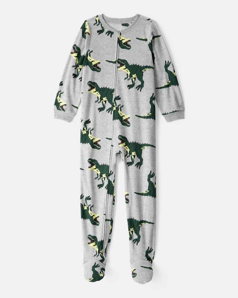 Boys Dinosaur Loose Fit Long-Sleeve Zip-Up 1-Piece Pajamas - Grey
