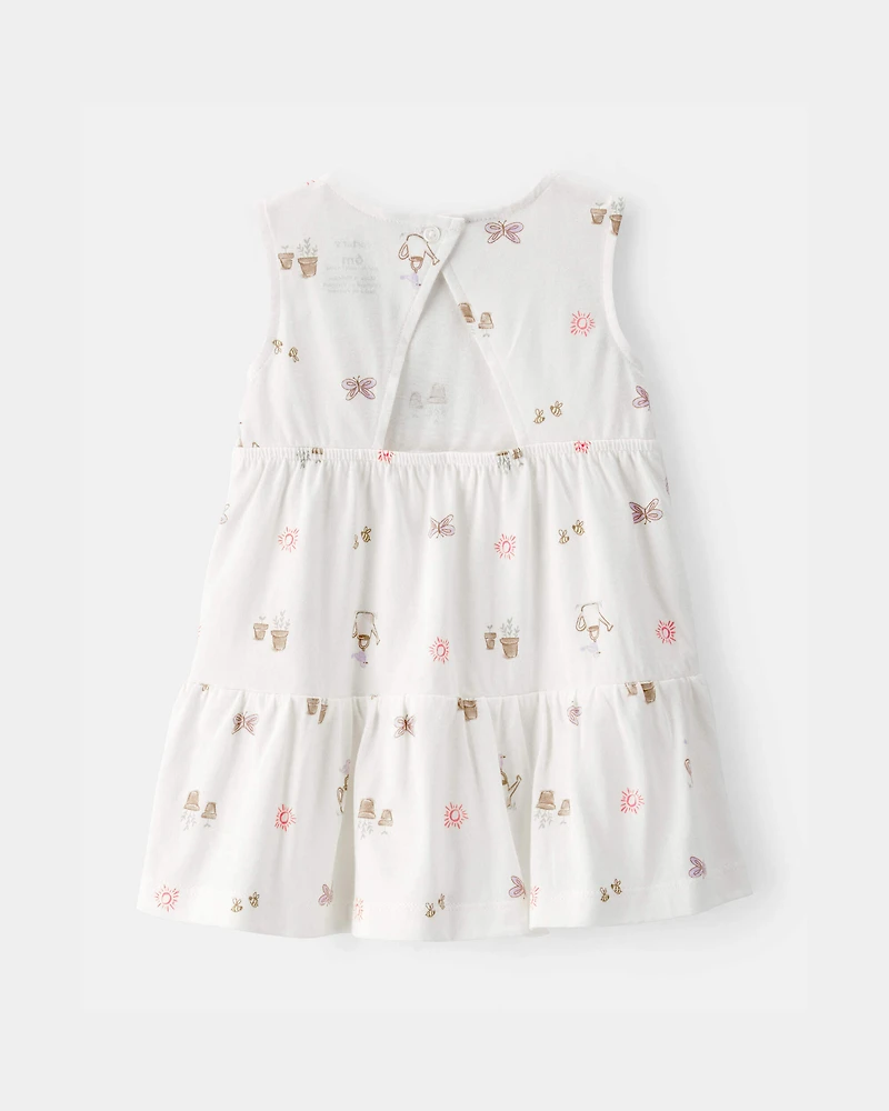 Baby Girl Gardening Print Sleeveless Dress - White