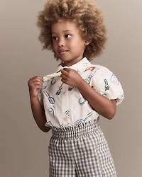 Toddler Girl Scalloped Collar Top in Baking Print - Cream
