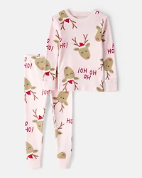 Baby Reindeer 100% Cotton Snug Fit 2-Piece Pajamas - Pink