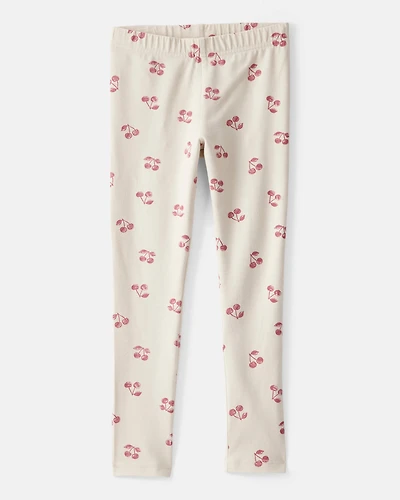 Girls Cherry Print Cotton Pull-On Stretch Leggings - Ivory