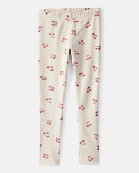 Girls Cherry Print Cotton Pull-On Stretch Leggings - Ivory