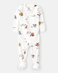 Baby Boy Helicopter Print DreamPlush Snug Fit Long-Sleeve 2-Way Zip 1-Piece Pajamas - White
