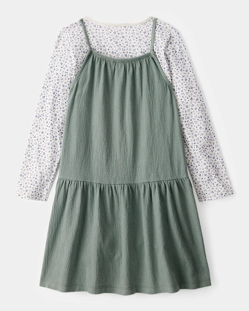 Kid 2-Piece Floral Print Tee & Tank Dress Set - Green/Grey