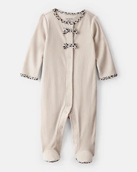Baby Girl Bow Cotton Long-Sleeve Snug Fit Sleep & Play Pajamas - Brown