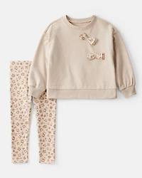 Toddler Girl Bow Floral French Terry Sweatshirt & Pant Set - Beige