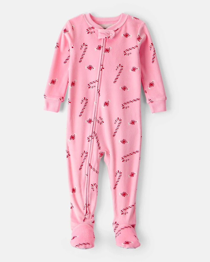 Baby Girl Peppermint Print DreamPlush Long-Sleeve Snug Fit 1-Piece Pajamas - Pink