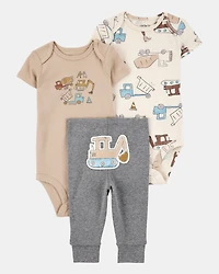 Baby Boy 3-Piece Construction Little Character Set® - White/Tan/Grey