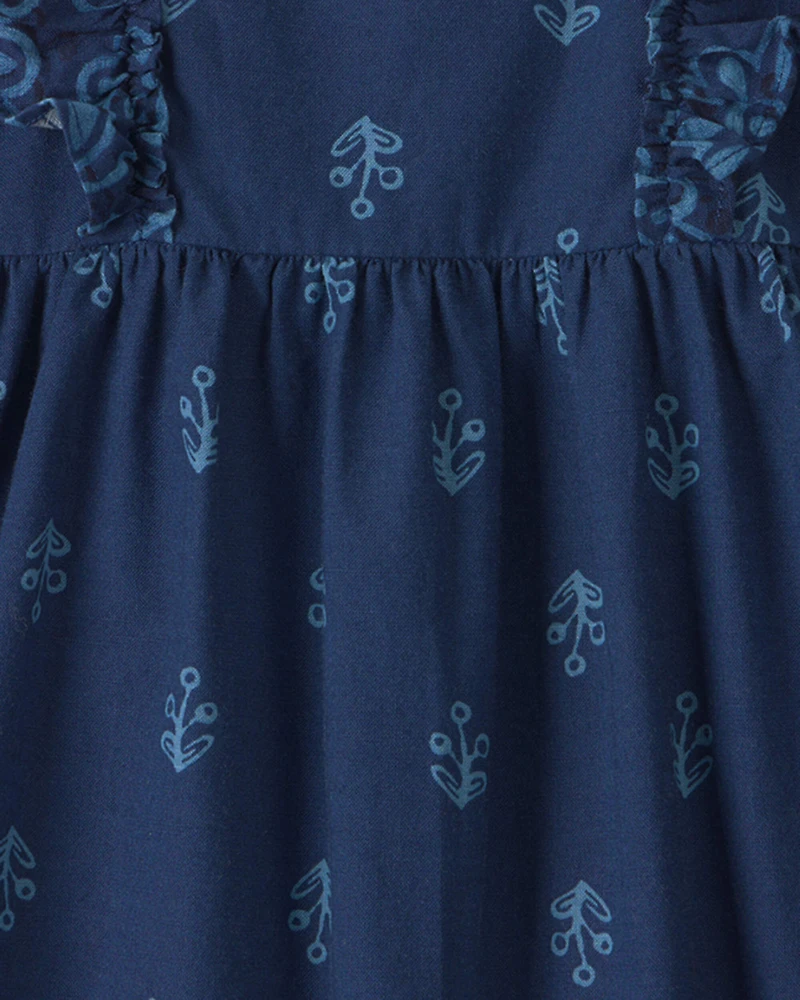 Toddler Girl Floral Ruffle-Sleeve Dress - Navy