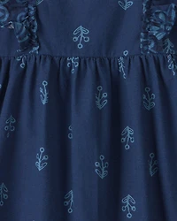 Toddler Girl Floral Ruffle-Sleeve Dress - Navy