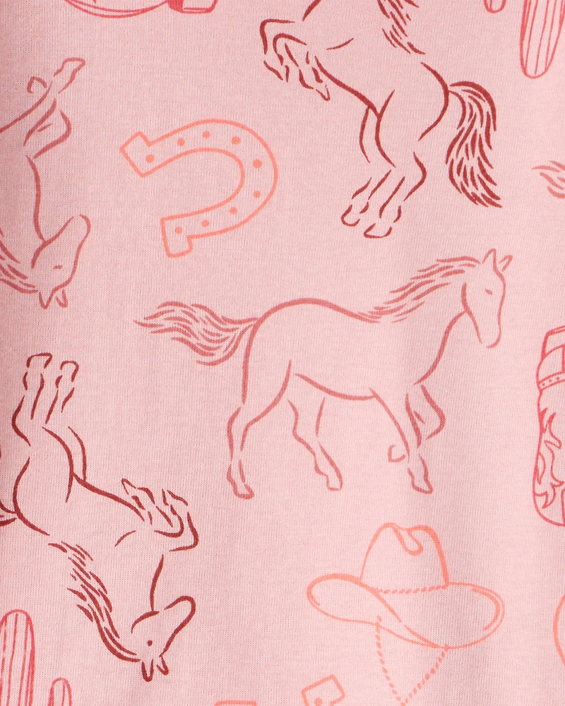 Girls Cowgirl Print 100% Cotton Long-Sleeve Snug Fit 4-Piece Pajamas - Pink
