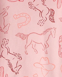 Girls Cowgirl Print 100% Cotton Long-Sleeve Snug Fit 4-Piece Pajamas - Pink