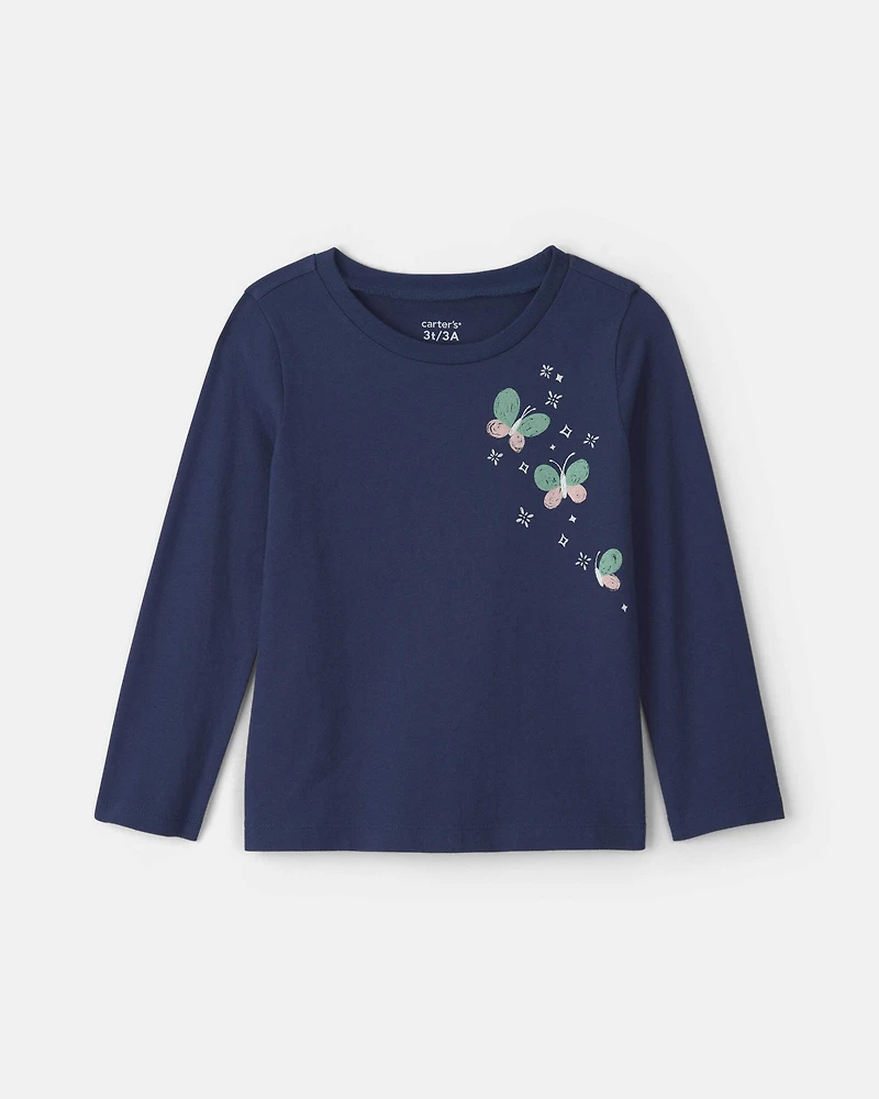 Toddler Girl Butterfly Floral Long-Sleeve Graphic Tee - Navy Blue
