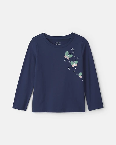 Toddler Girl Butterfly Floral Long-Sleeve Graphic Tee - Navy Blue