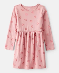 Girls Cherry Print Long Sleeve Cotton Dress - Pink