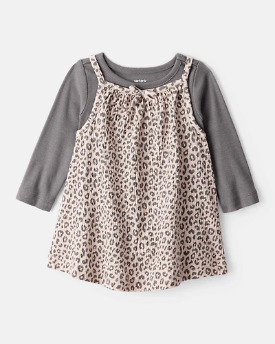Baby Girl 2-Piece Leopard Print Long-Sleeve Dress Set - Grey/Brown