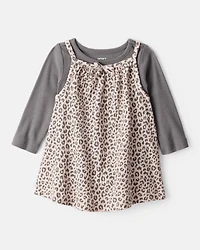 Baby Girl 2-Piece Leopard Print Long-Sleeve Dress Set - Grey/Brown