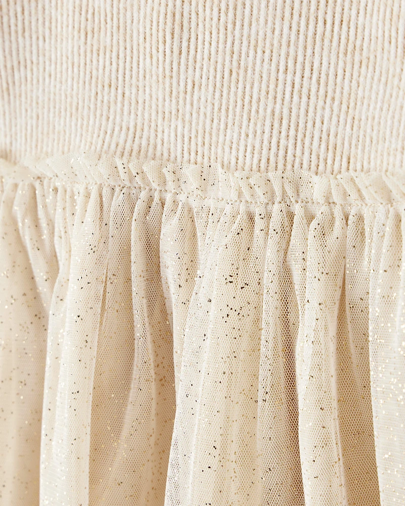 Toddler Girl Long-Sleeve Tulle Occasion Dress - Ivory