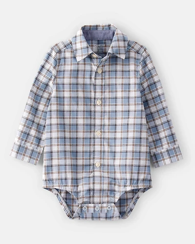 Baby Boy Plaid Cotton Long-Sleeve Button-Down Fashion Bodysuit - Blue