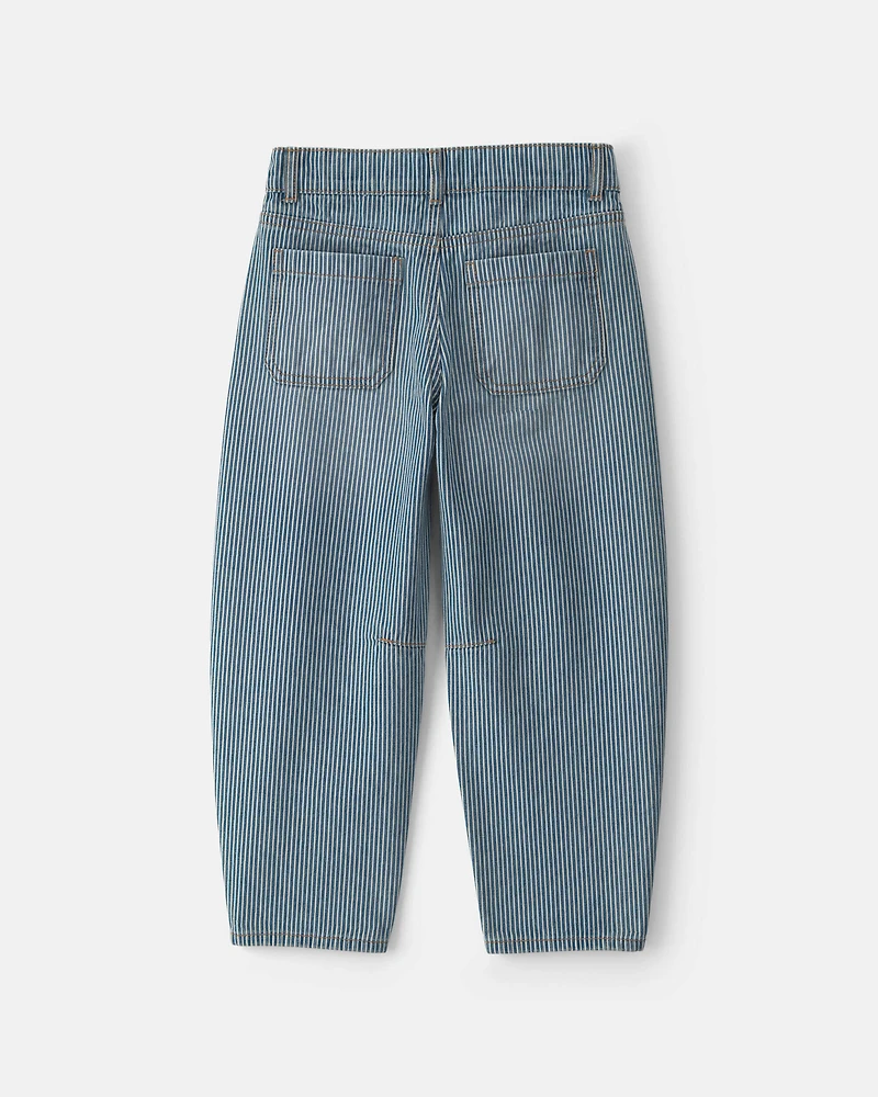 Girls Hickory Stripe Denim Barrel Jeans - Light Wash