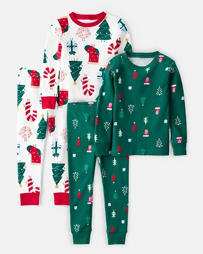 Toddler Christmas 100% Cotton Snug Fit 4-Piece Pajamas - Green/White