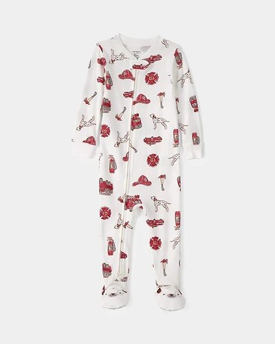 Toddler Boy Firetruck 100% Cotton Snug Fit 1-Piece Pajama - White