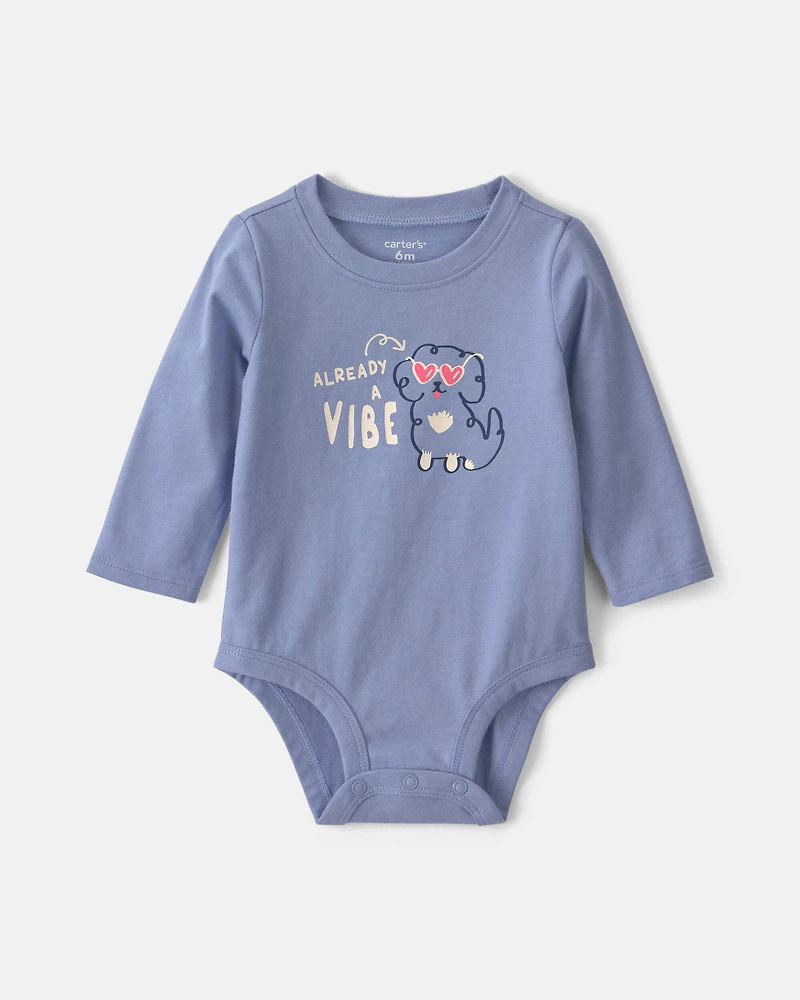 Baby Girl 'Already A Vibe' Dog Long-Sleeve Graphic Bodysuit - Blue