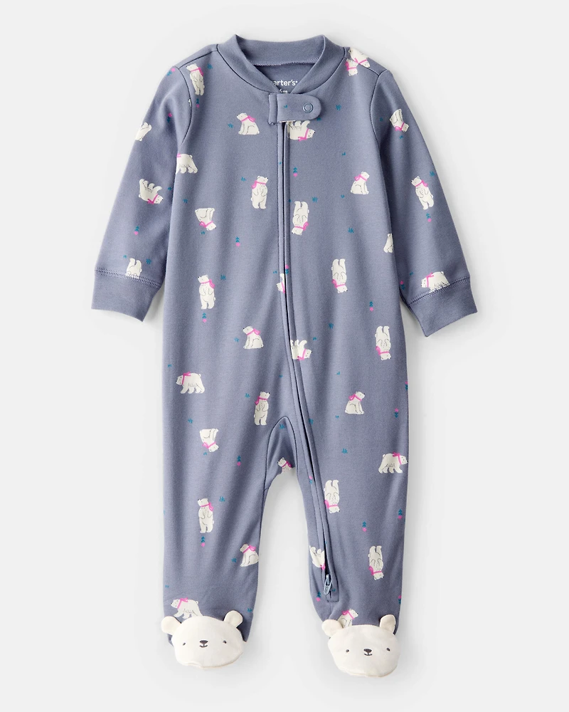 Baby Girl Polar Bear Print 100% Cotton Snug Fit Sleep & Play Pajamas - Grey
