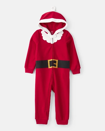 Toddler Santa Fleece Hooded Zip-Up 1-Piece Pajama Jumpsuit - Red