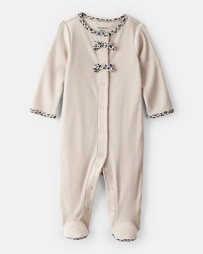 Baby Girl Bow Cotton Long-Sleeve Snug Fit Sleep & Play Pajamas - Brown