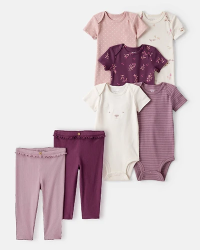 Baby Girl 7-Piece Short-Sleeve Bodysuits & Ruffle Pants Set - Purple/Cream