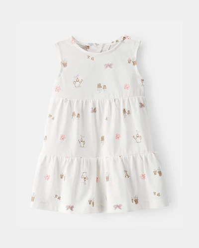 Baby Girl Gardening Print Sleeveless Dress - White